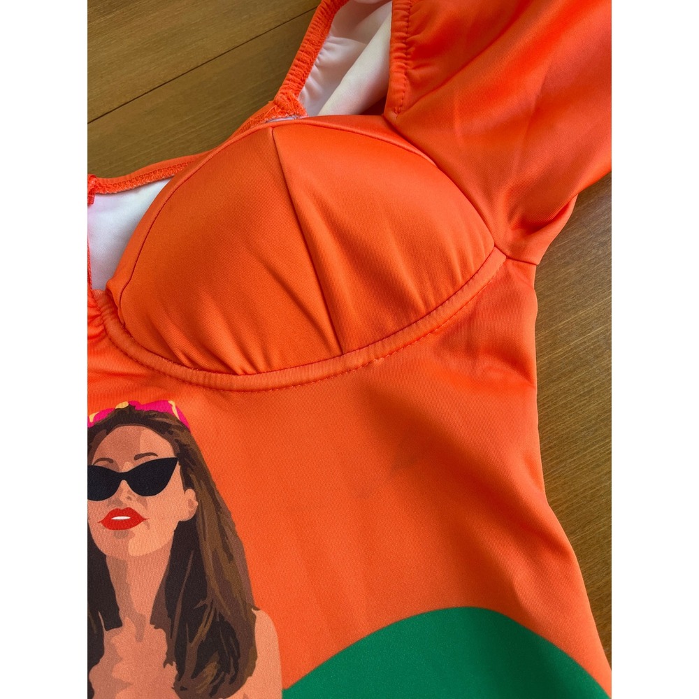 Orange Tropical Graphic Bustier Mini Dress Puff Sleeve Sweetheart Neck Bodycon - Picture 8 of 8